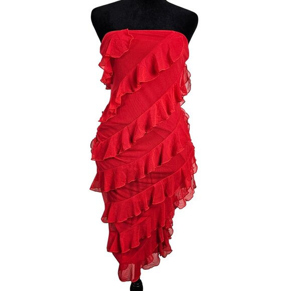 Womens Med Strapless Red Ruffle Midi Cocktail Dress Party Christmas Valentines - Picture 5 of 12